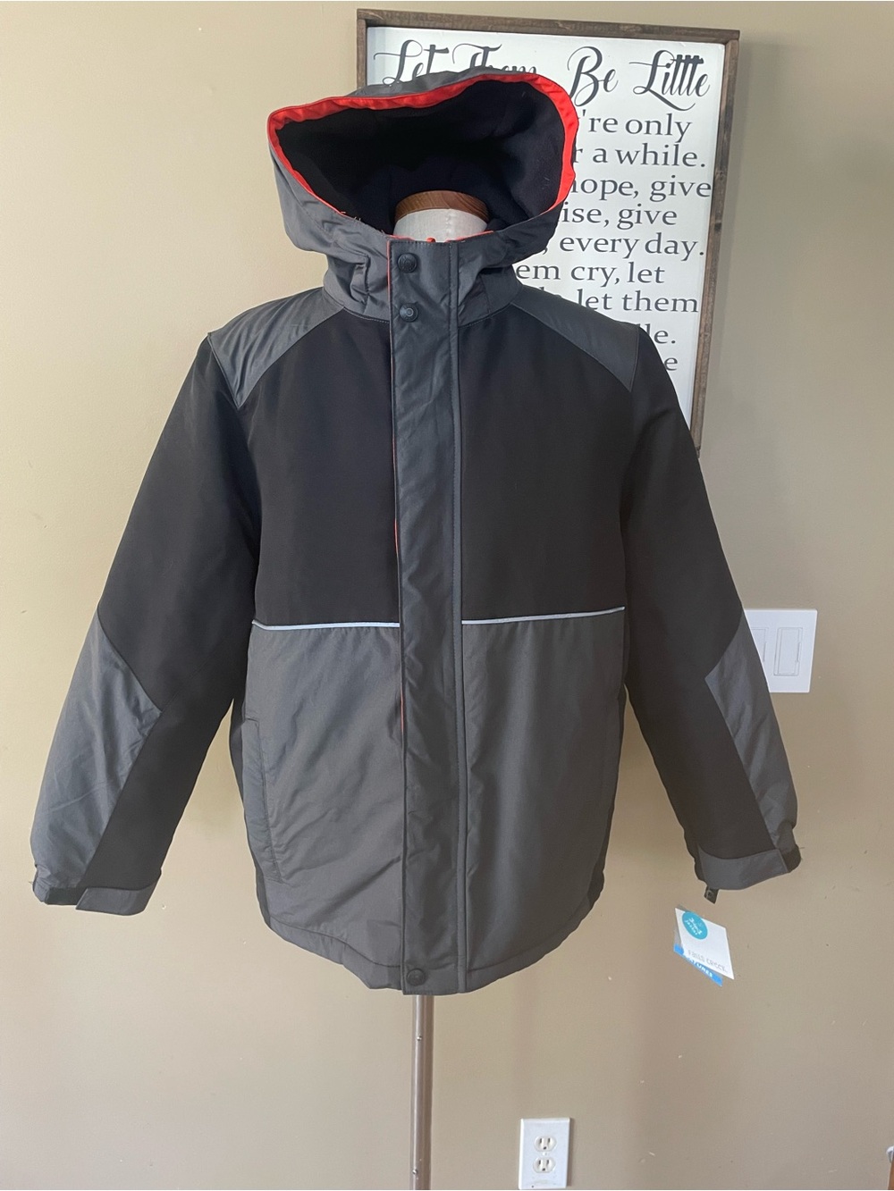 Kids Two-Tone Hooded Winter Jacket - Black & Gray new only outer shell size 16